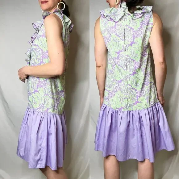 Vintage 60s ruffle front paisley print drop‎ waist midi dress lilac purple green - Picture 11 of 15